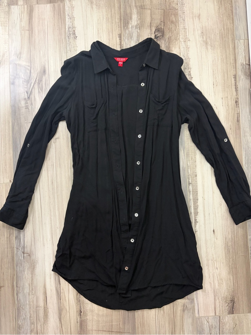 Guess Black Long Sleeve Button-Front Shirt Dress